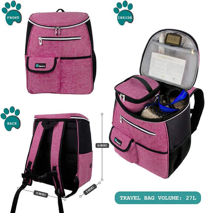 Dog Travel Bag Backpack, 27L Airline Approved Pet Supplies Organizer with 2 Food Containers, 2 Collapsible Bowls & Poop Bag Dispenser, Weekend Road Trip Camping Dog Mom Gift, Pink