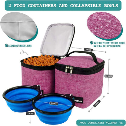 Dog Travel Bag Backpack, 27L Airline Approved Pet Supplies Organizer with 2 Food Containers, 2 Collapsible Bowls & Poop Bag Dispenser, Weekend Road Trip Camping Dog Mom Gift, Pink