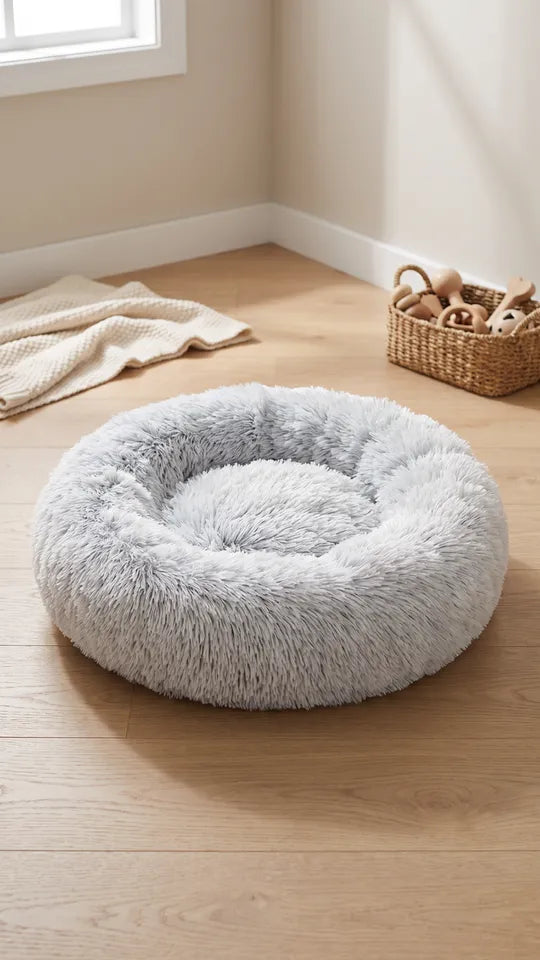 Donut Faux Fur Pet Bed, Soft & Plush, anti Anxiety, Machine Washable with Non-Slip Bottom